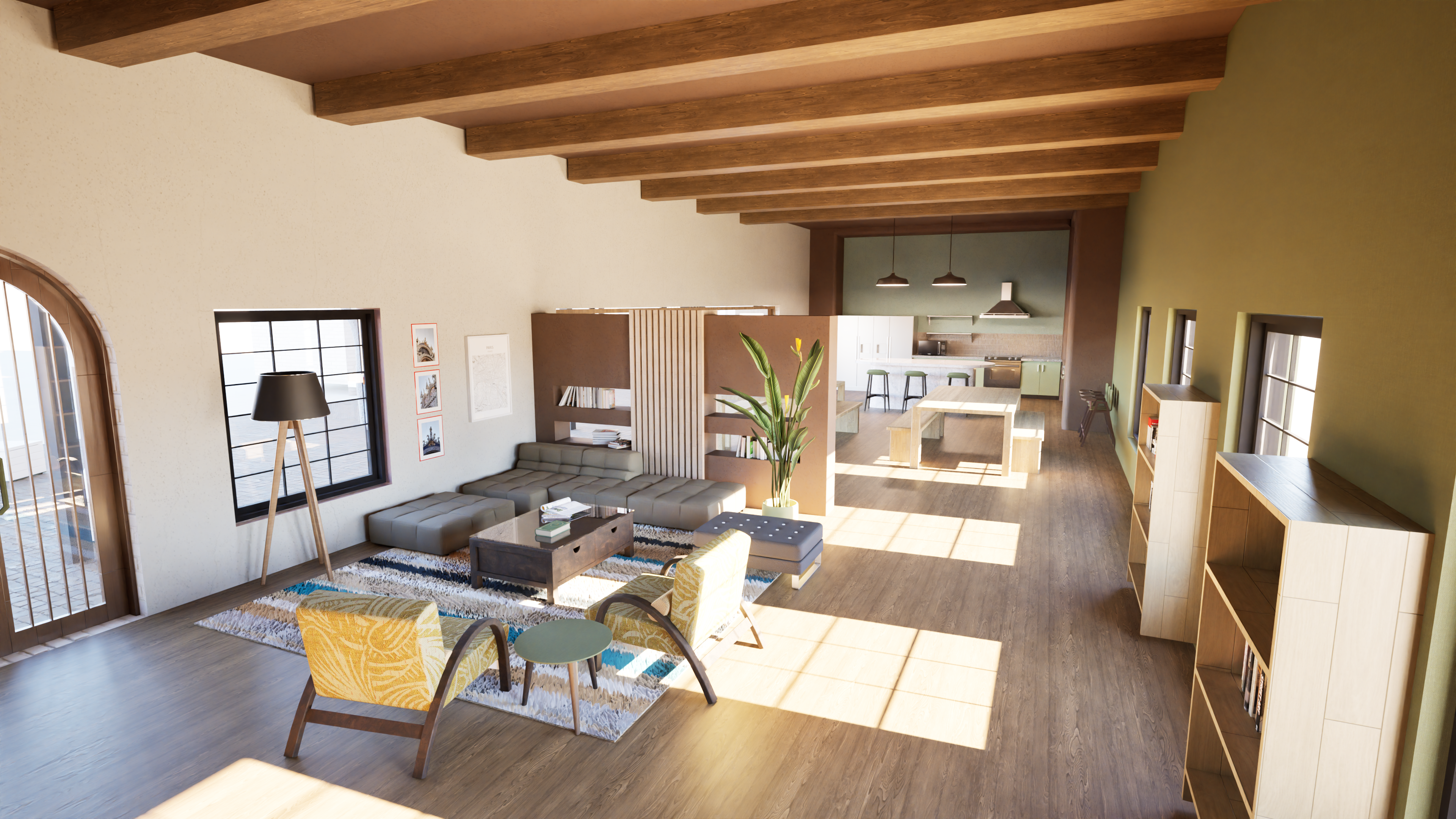 Communal living space render showing flexible partition walls